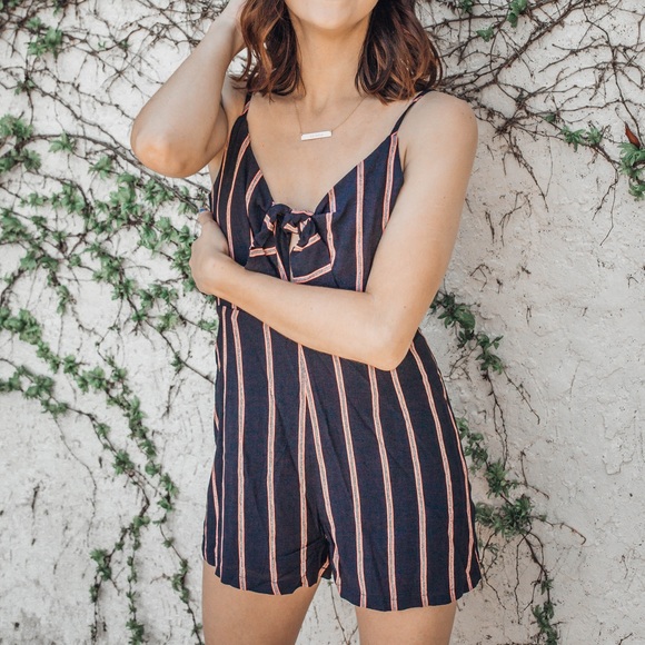 Celeste Striped Tie Romper - Navy - Picture 7 of 8
